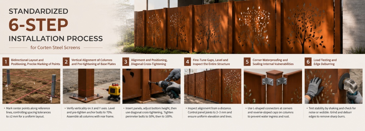 Standardized 6-Step Installation Process for Corten Steel Screens